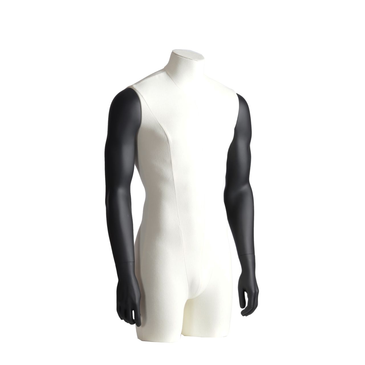 Torse mannequin homme recouvert de tissu blanc avec bras tendus noirs